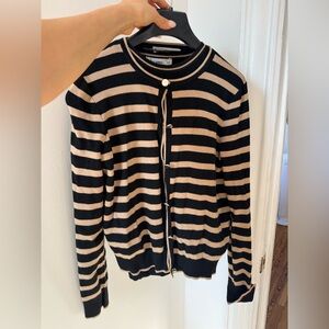 Mango Black and Beige Striped Button-Up Cardigan with the set top